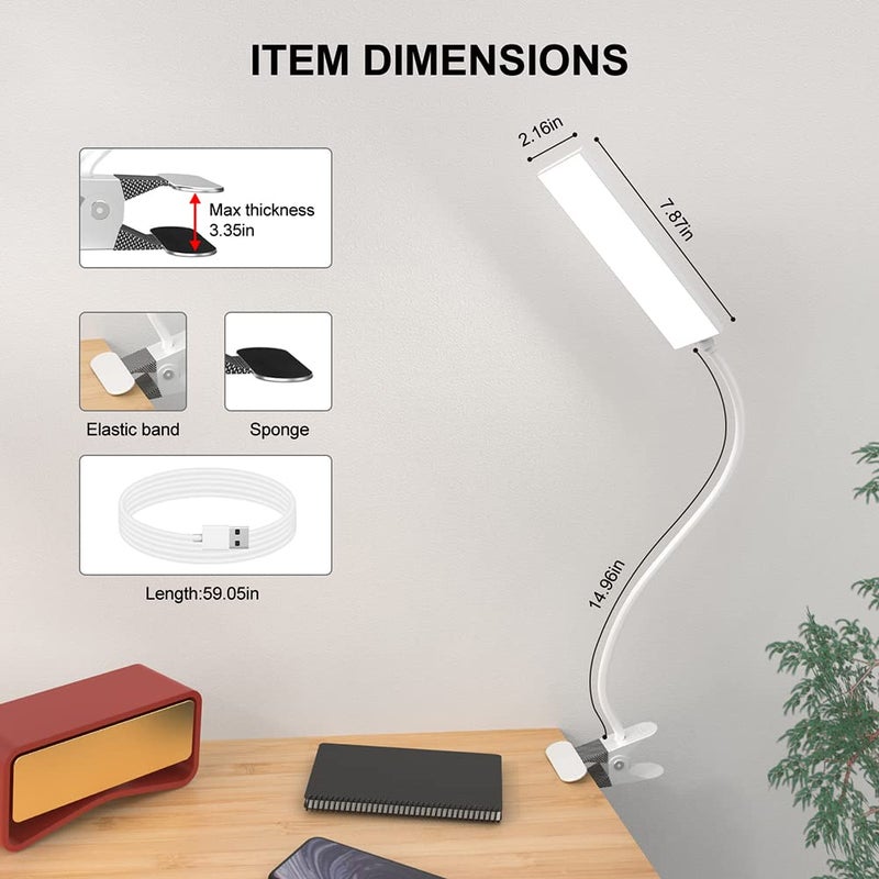 RAOYI LED Desk Lamp, 5W USB Clip on Light Eye-Caring Reading Clamp Table Lamp with 48 LEDs Flexible Neck, 3 Color Modes and 14 Brightness Levels for Office Bedroom Study (White) - Image 4
